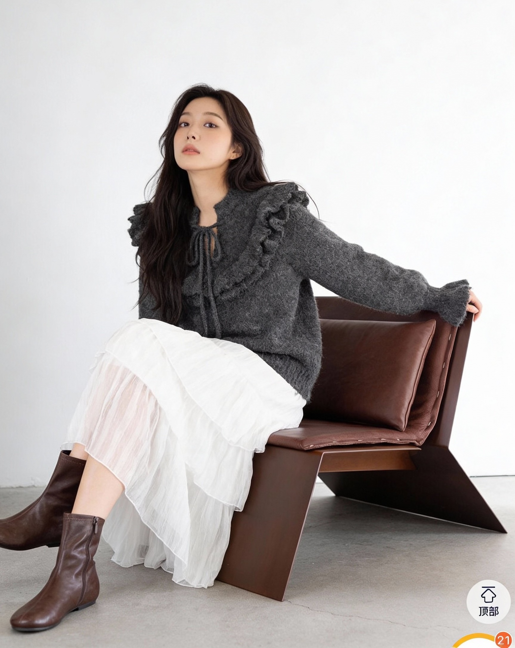 荷葉邊毛絨短版針織上衣