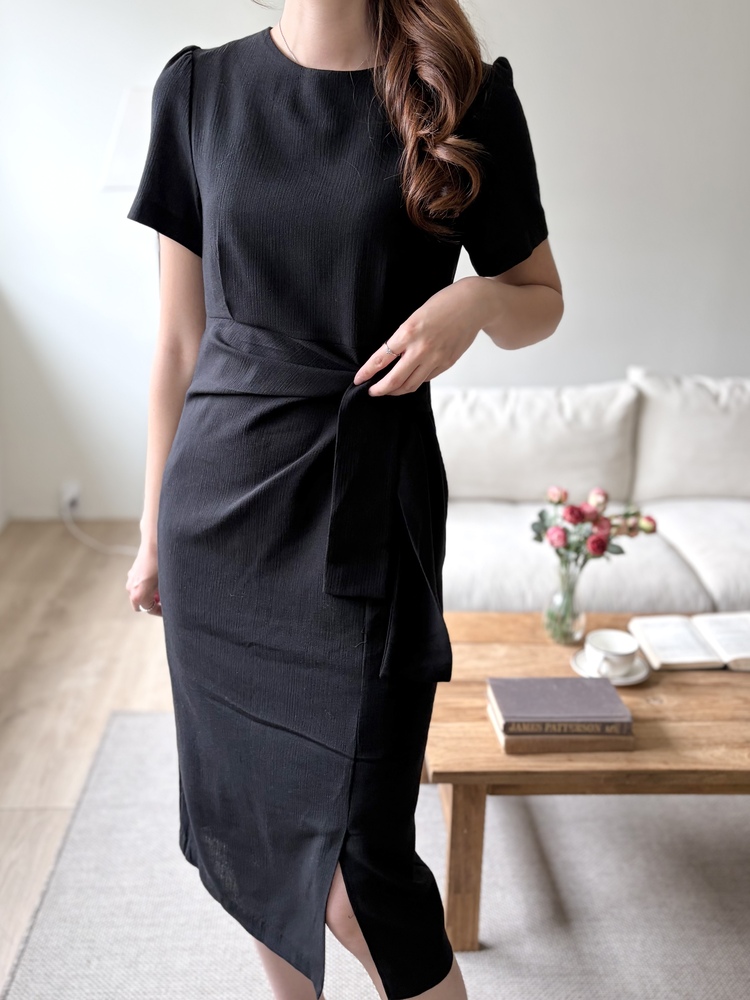 Elise Draped Slit Dress (Black)