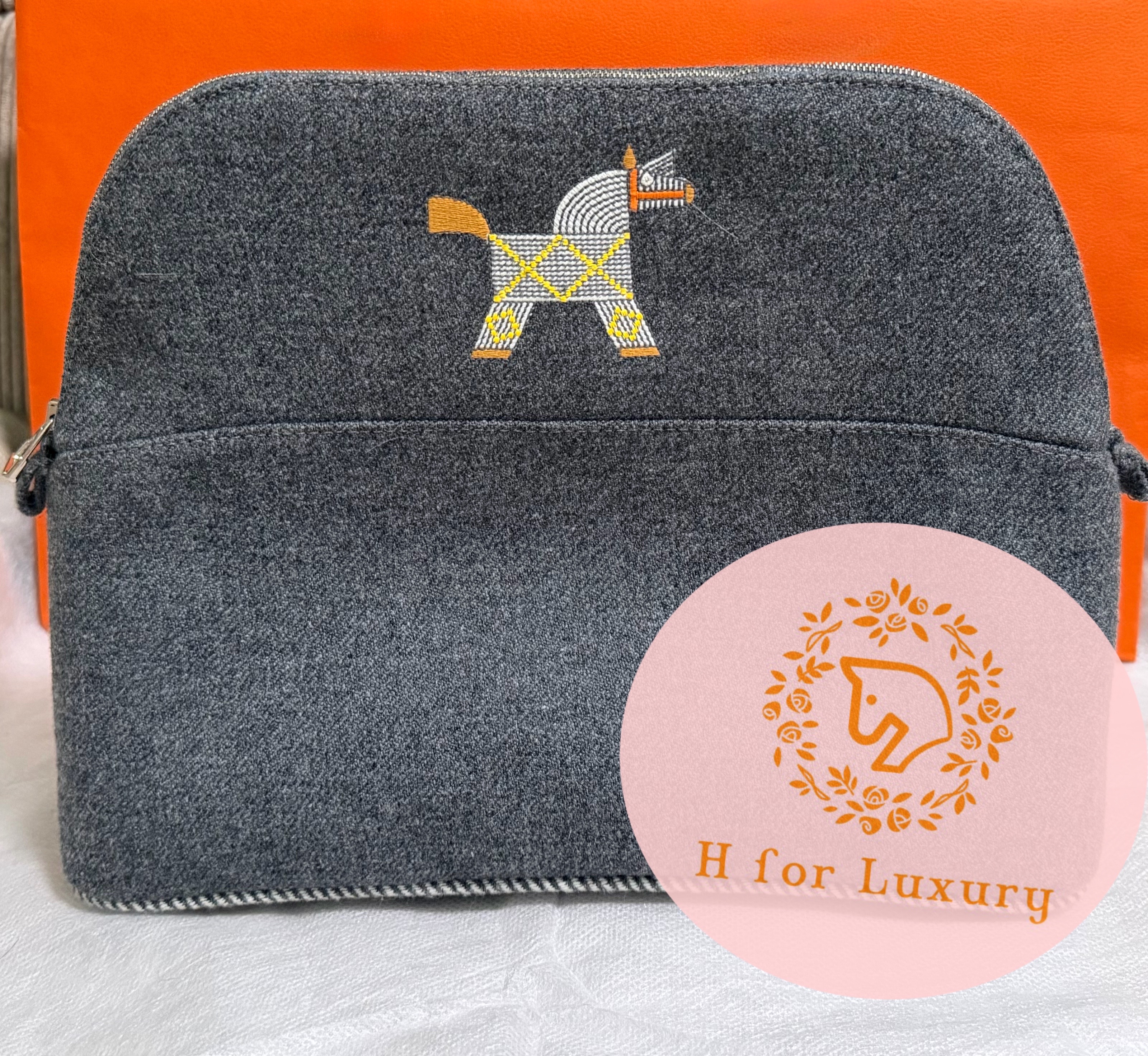 全新Hermes 愛瑪仕Bolide Animaux Nattes case 灰色拉鍊收納袋