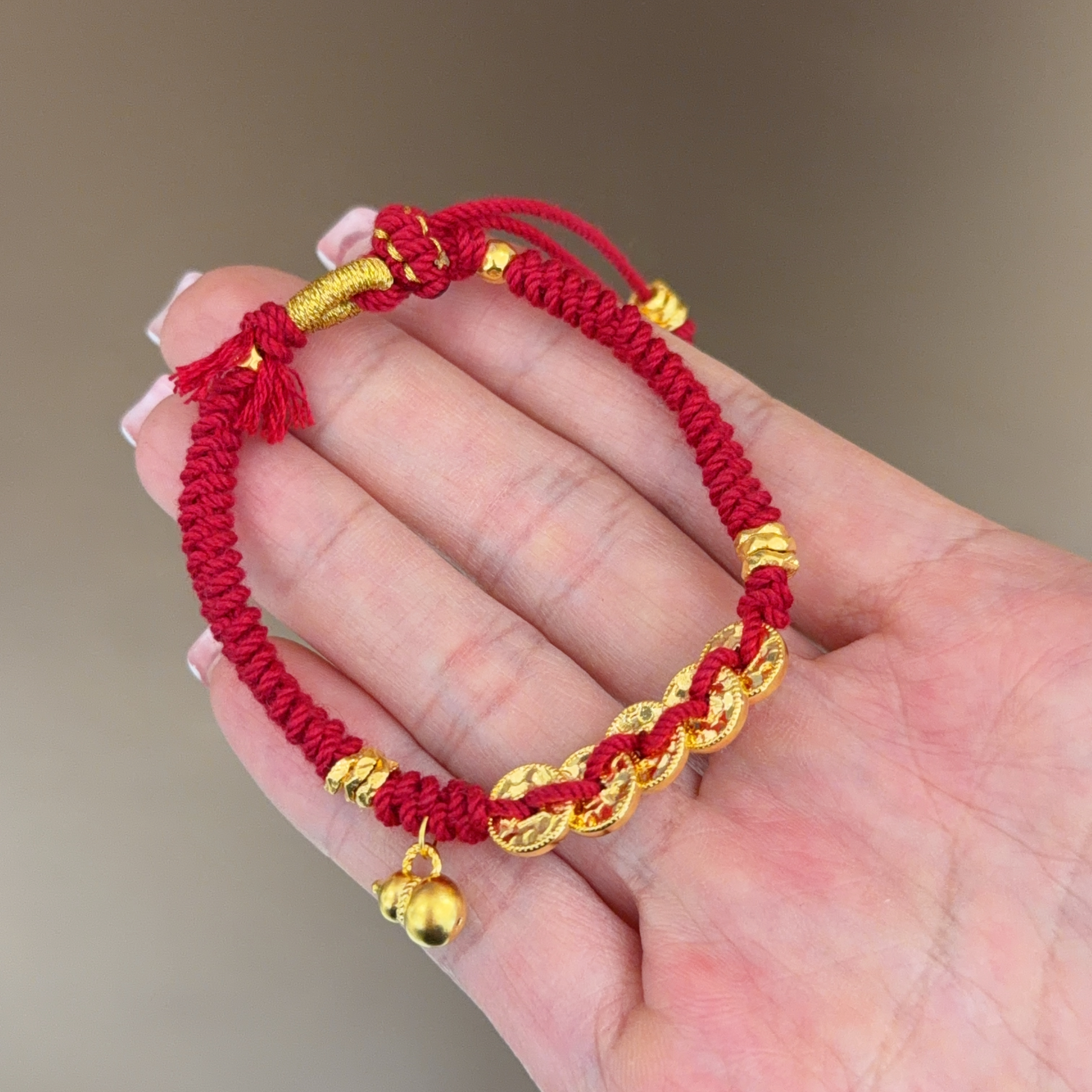  𝟵𝟵𝟵硬金五帝錢+硬金小葫蘆襯手繩