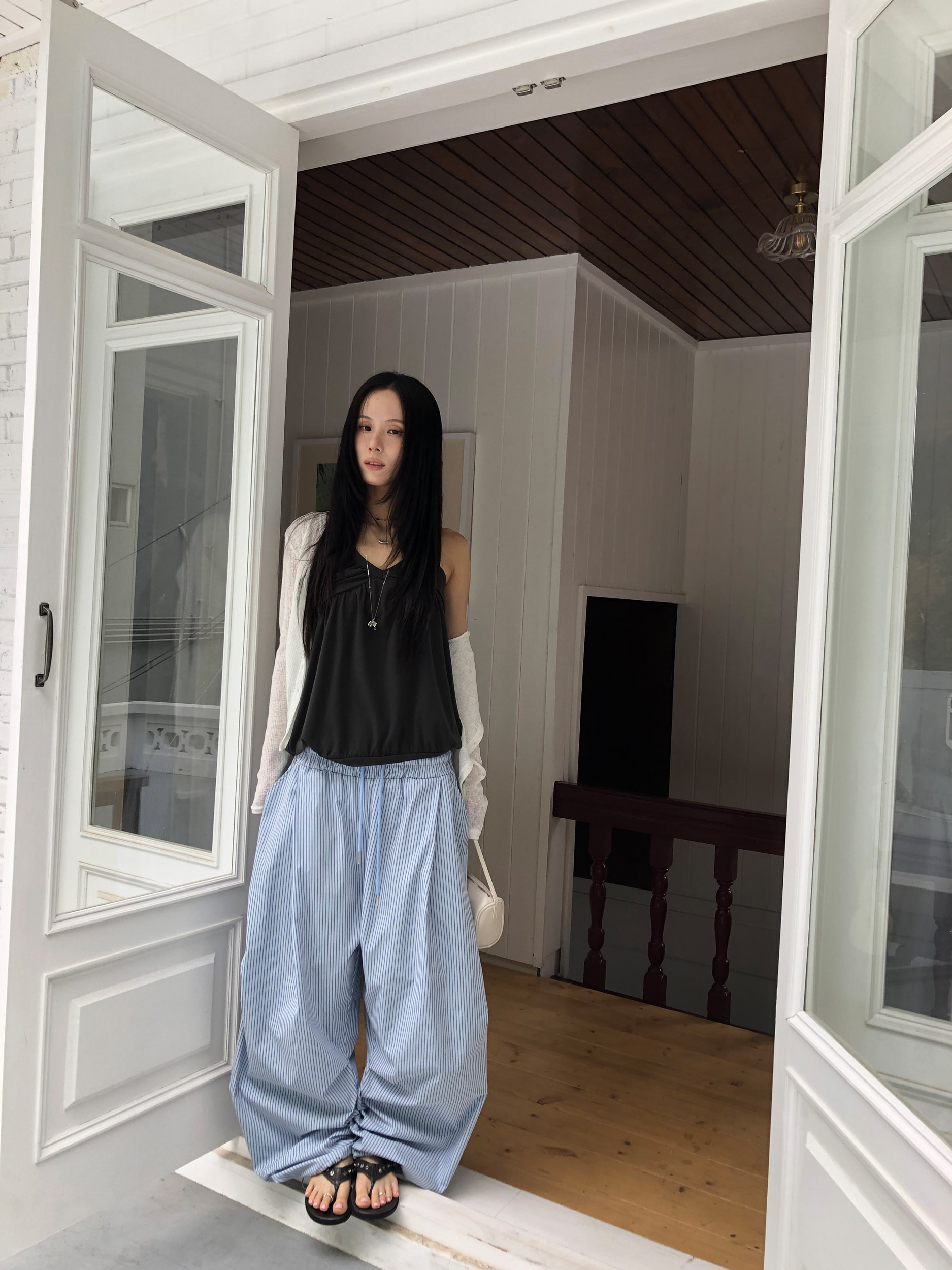 Pinstripe Pintuck Wide-Leg Pants