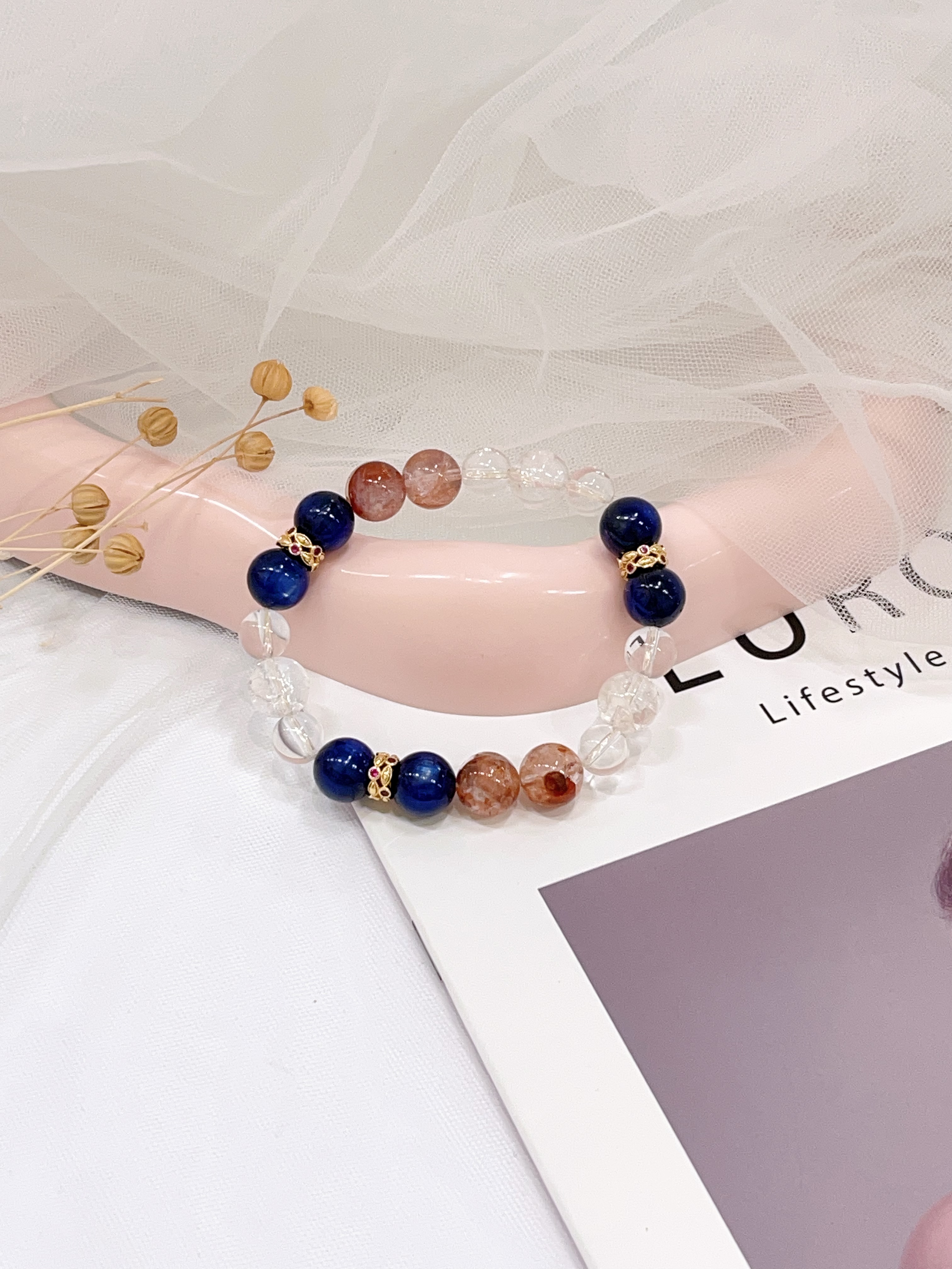 💙 青金石 × 红胶花 × 白水晶手串  Lapis Lazuli & Red Rutilated Quartz & Clear Quartz｜智慧行动