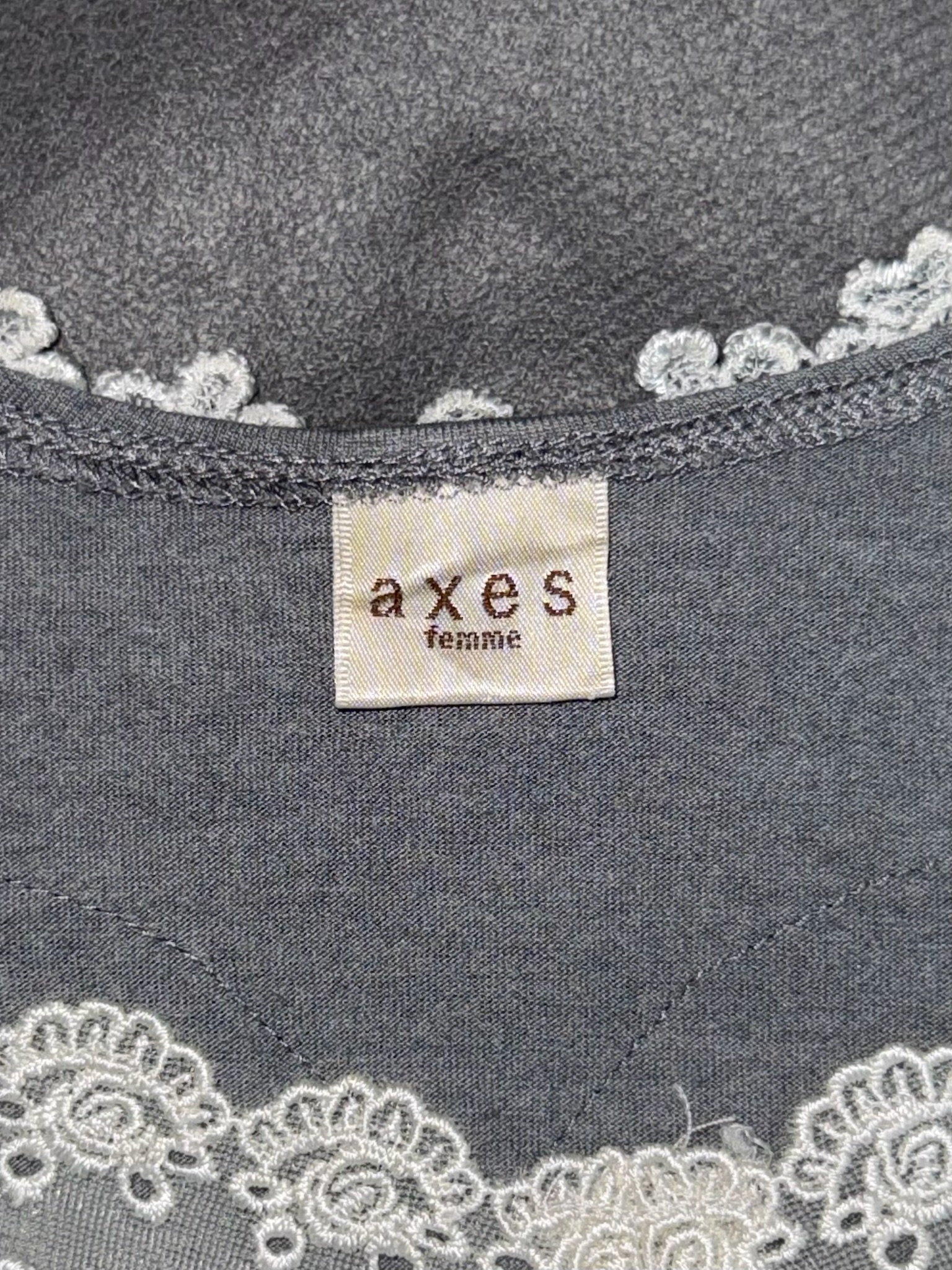 Axes Femme Grey Short Sleeve Top with Lace Neckline
