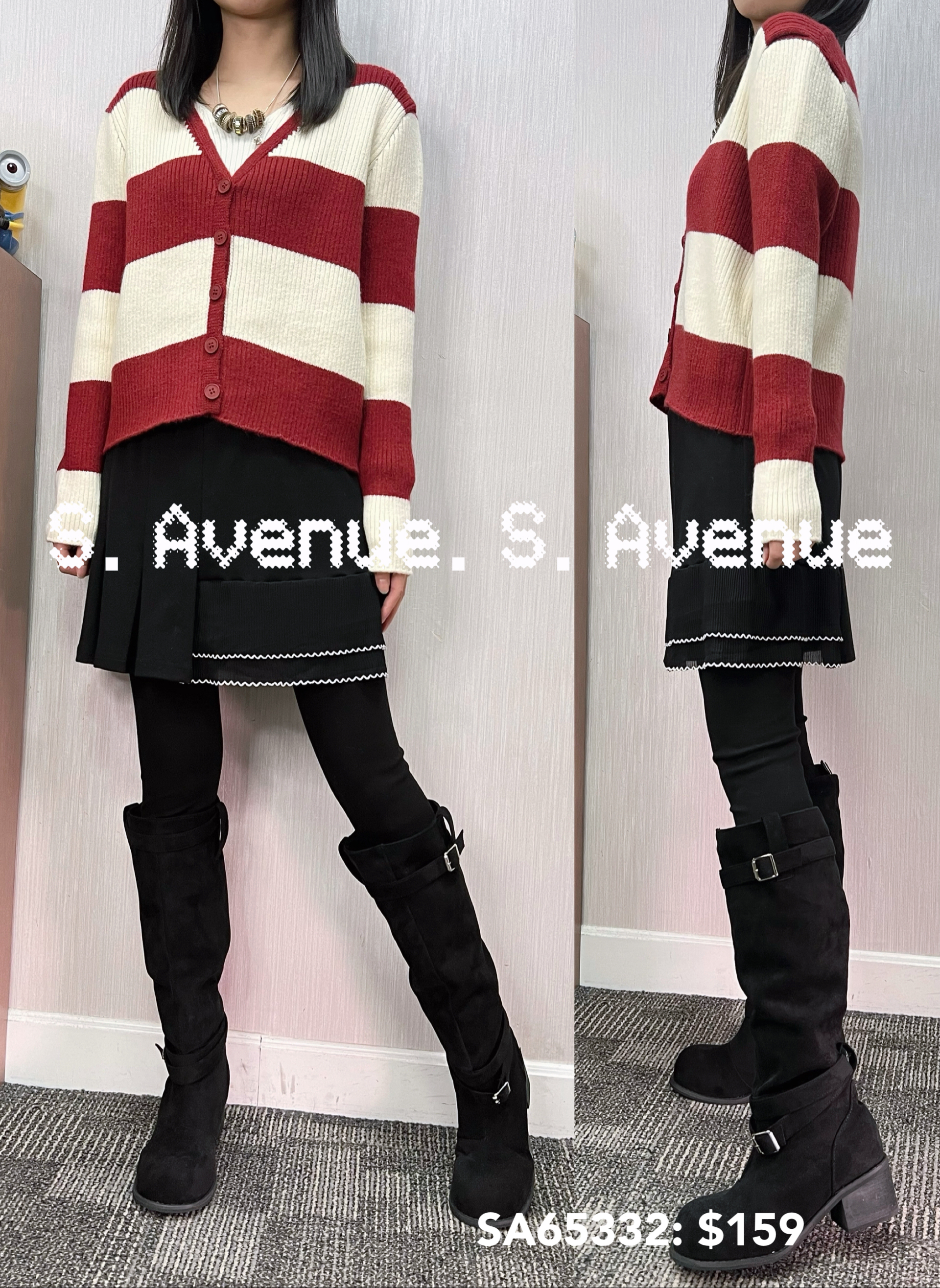 SA65332: 長袖V領有鈕假兩件間條top