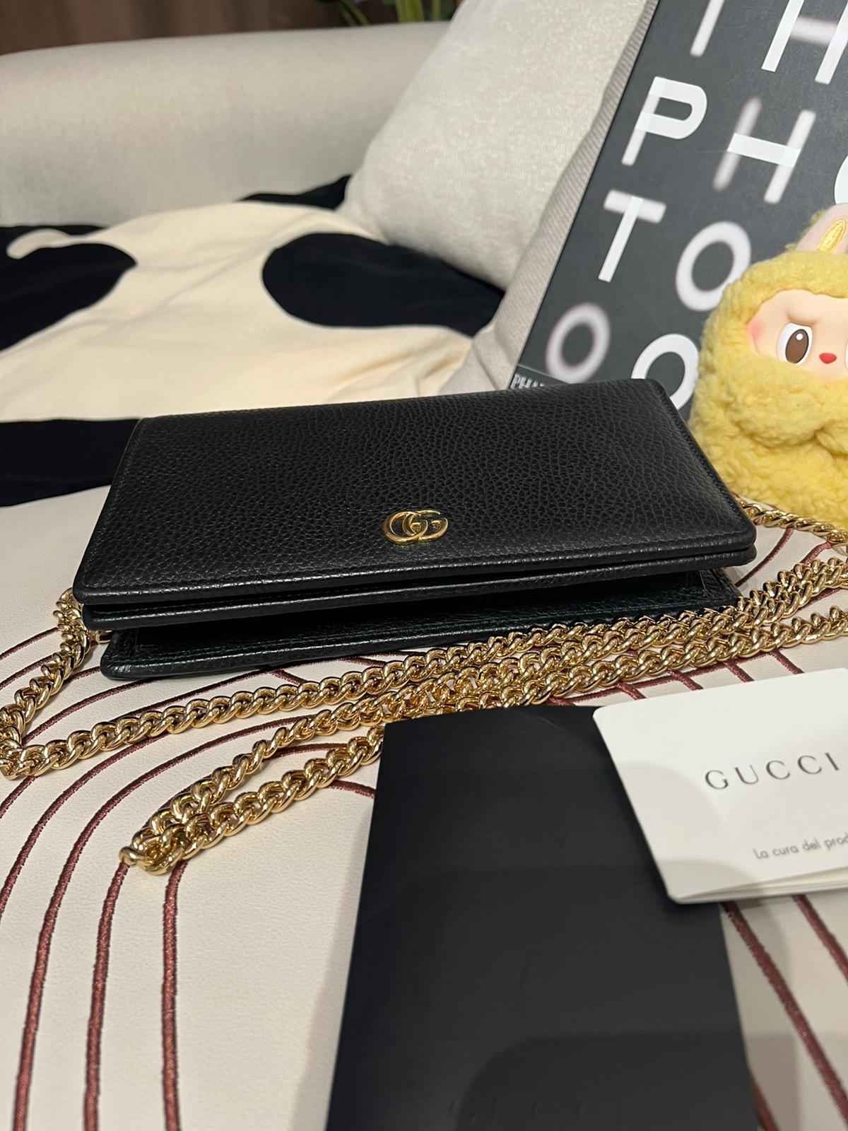 Gucci wallet on chain calfskin 黑色牛皮金鏈 100%Authentic,98%new ✅收據✅dust bag ✅BOX