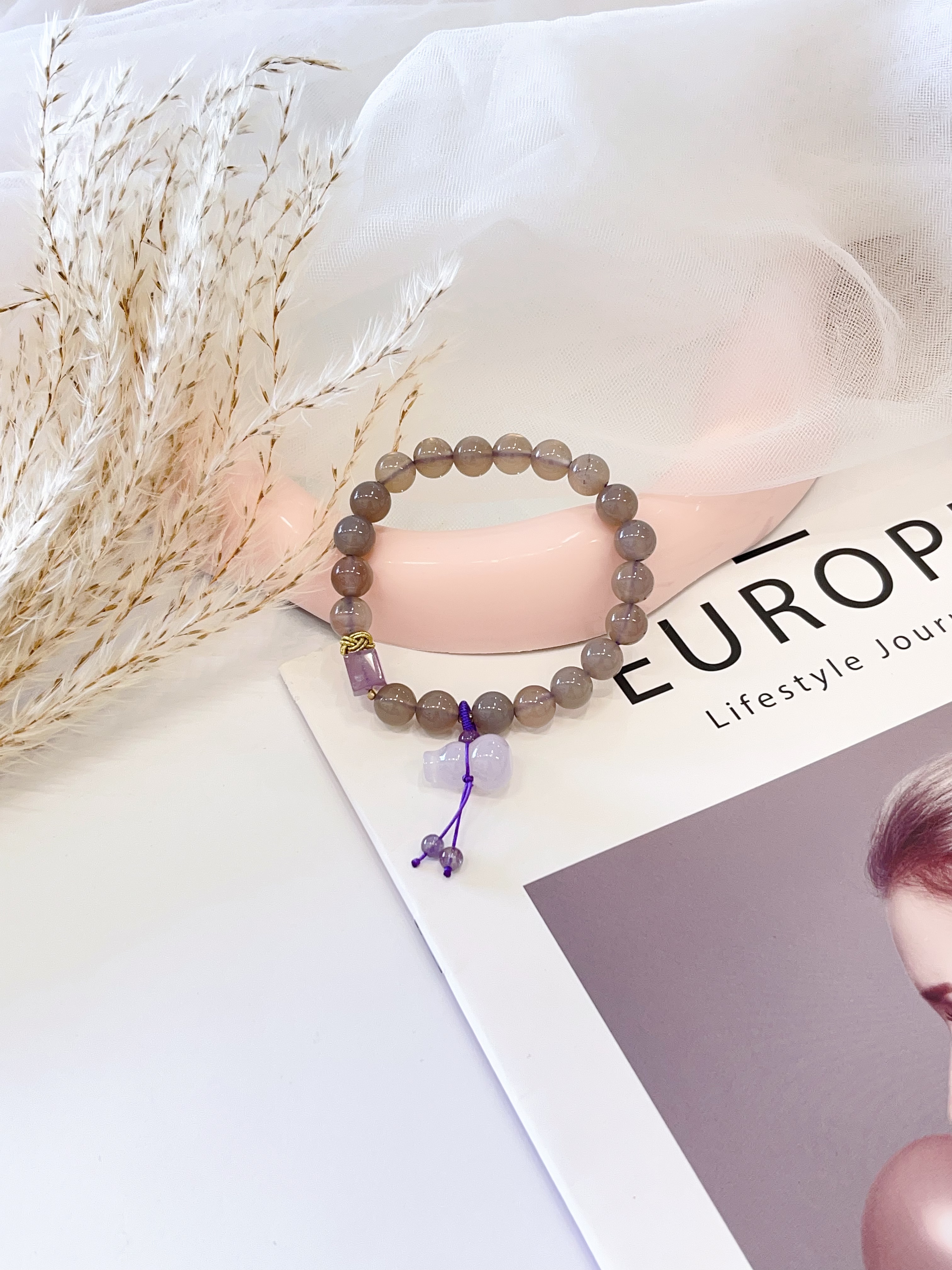 🩶💜🍀 灰玛瑙 × 紫水晶 × 葫芦手串 Grey Agate, Amethyst & Gourd Charm | 8mm