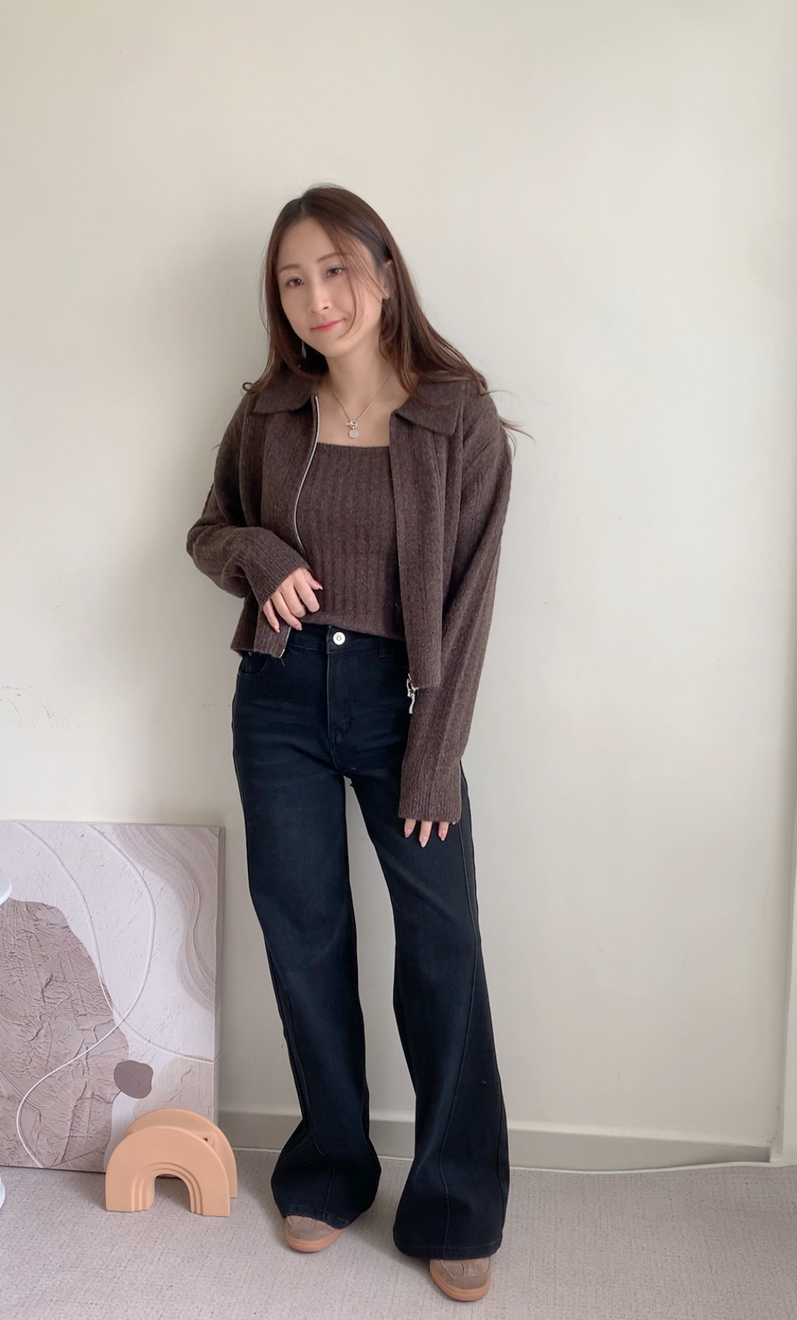 通花拉鍊反領外套-啡色