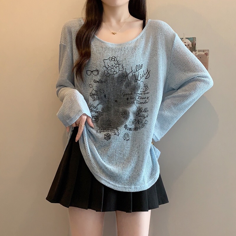 B425(A1249) 韩系甜美风纯色吊带与薄款涂鸦KITTY罩衫蓝白两件套上衣 
