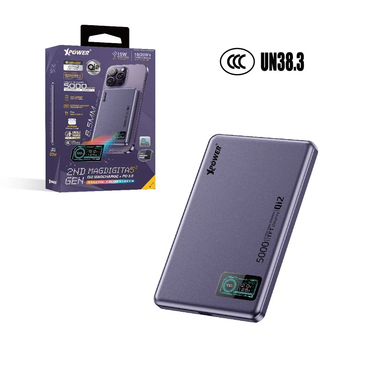 (3C認證版)(鋁合金面)XPower MagDigita5² 第2代彩屏顯示磨沙玻璃外殼 5000mAh PD3.0+QI2 磁吸移動電源