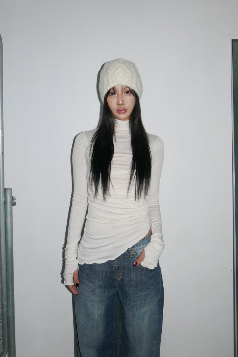 Ruched Asymmetrical Turtleneck Top