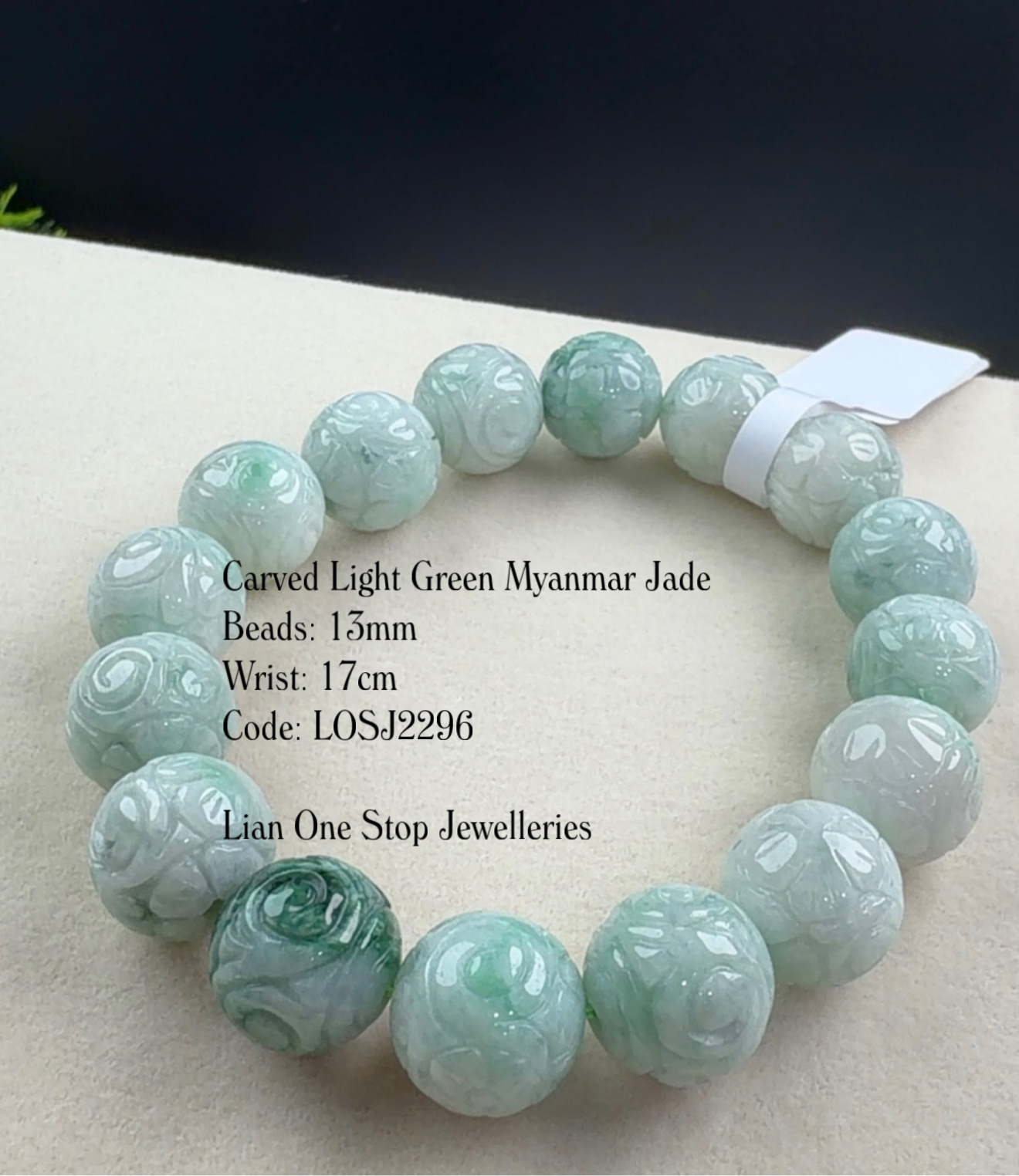Code: LOSJ2296 Carved Light Green Myanmar Jade 13mm