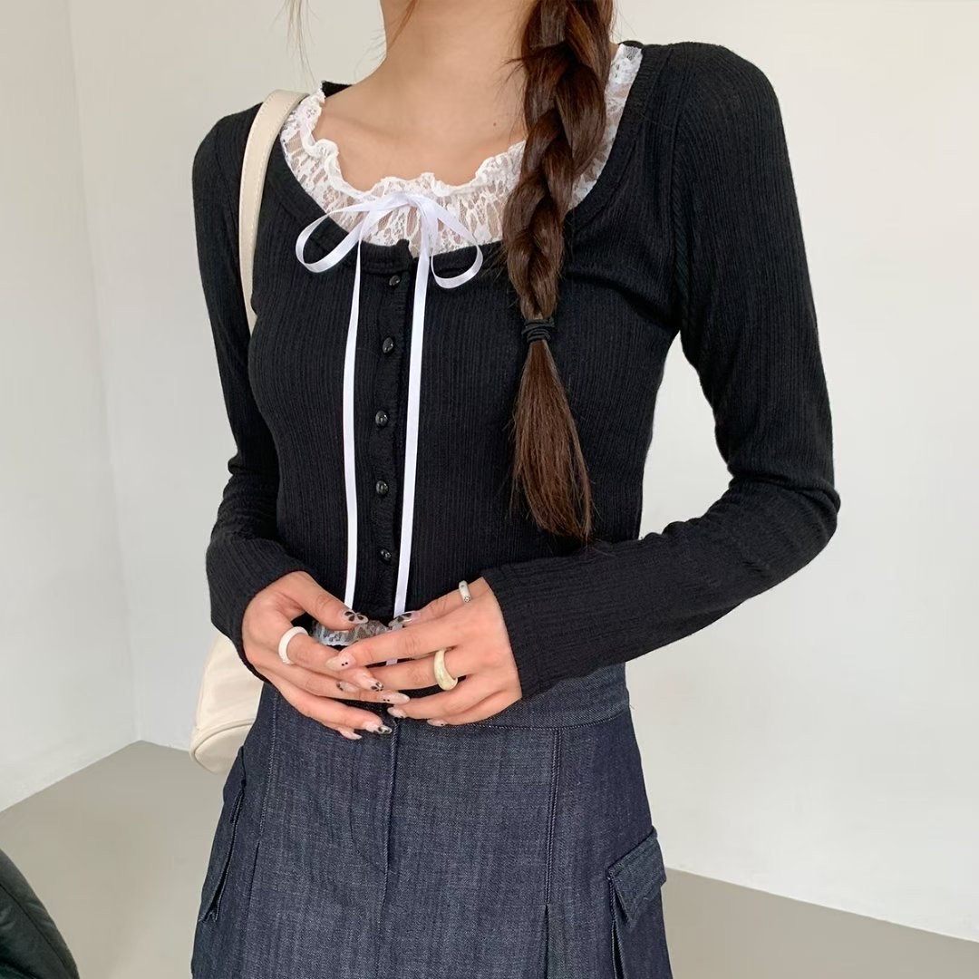 已售罄❌韓國Lacy 綁帶假兩件扣鈕Top（長袖）