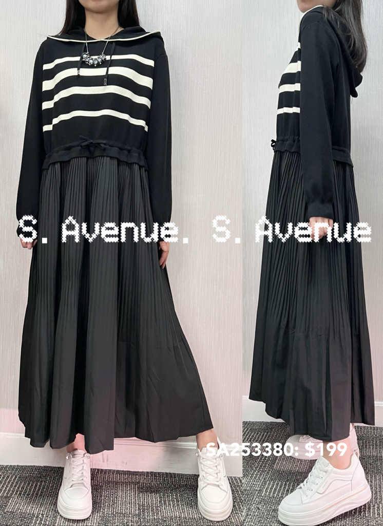 SA253380: 長袖有帽間條束腰op