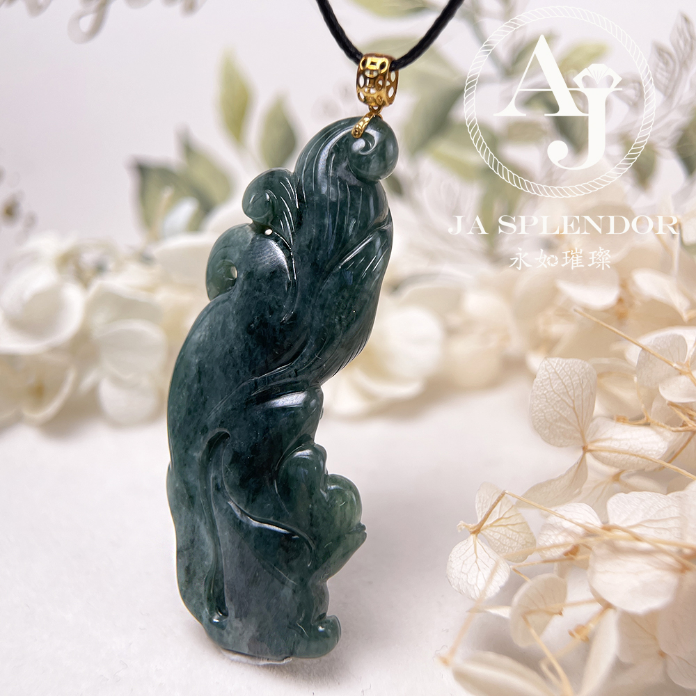 JNK-137 天然翡翠A玉 老藍水18K福壽雙全九尾狐吊墜 (法師加持)