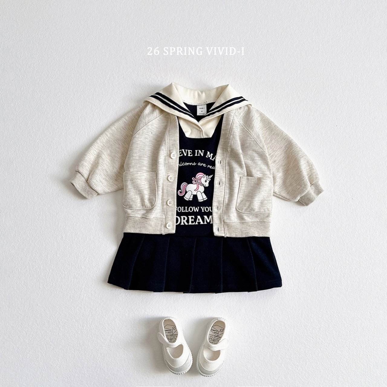 🌸預訂 韓國直送🌸🇰🇷VIVIDI四色水手領獨角獸印花長袖百摺連身裙