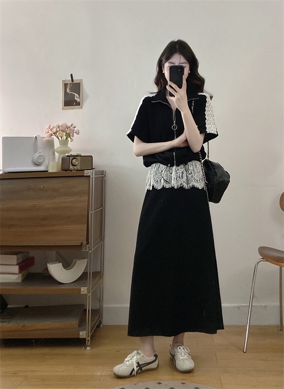 B205(3122) 法式时尚前排拉链拼肩袖蕾丝下摆束带上衣与蕾丝边长裙黑套装