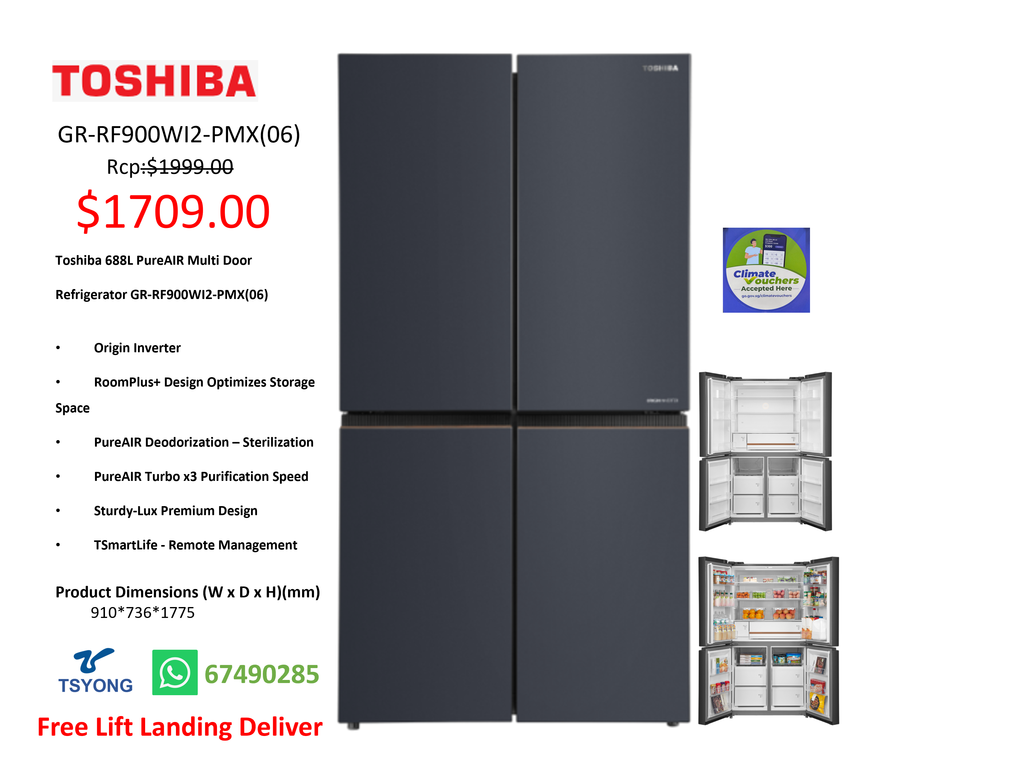 Toshiba 688L PureAIR Multi Door Refrigerator GR-RF900WI2-PMX(06)