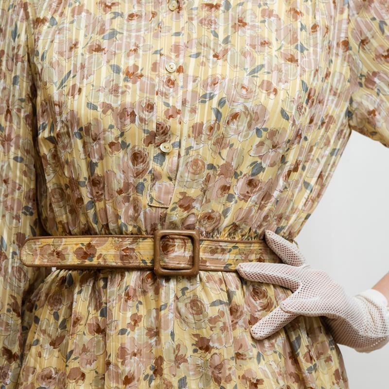 Vintage Japanese Cream Yellow Chiffon Long Sleeve ShirtDress with Original Belt(MT1608-87)