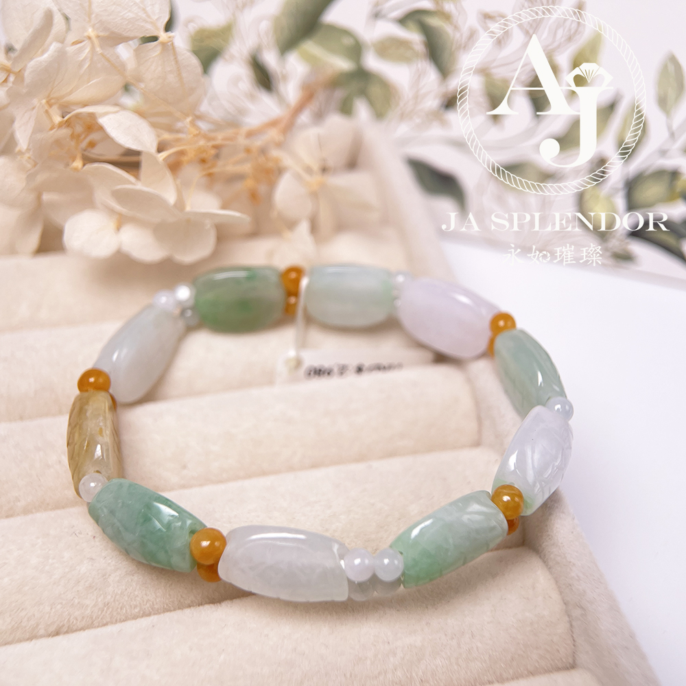 OF-06-A 天然翡翠A玉 - 冰潤三彩長壽吉祥龜貝手串