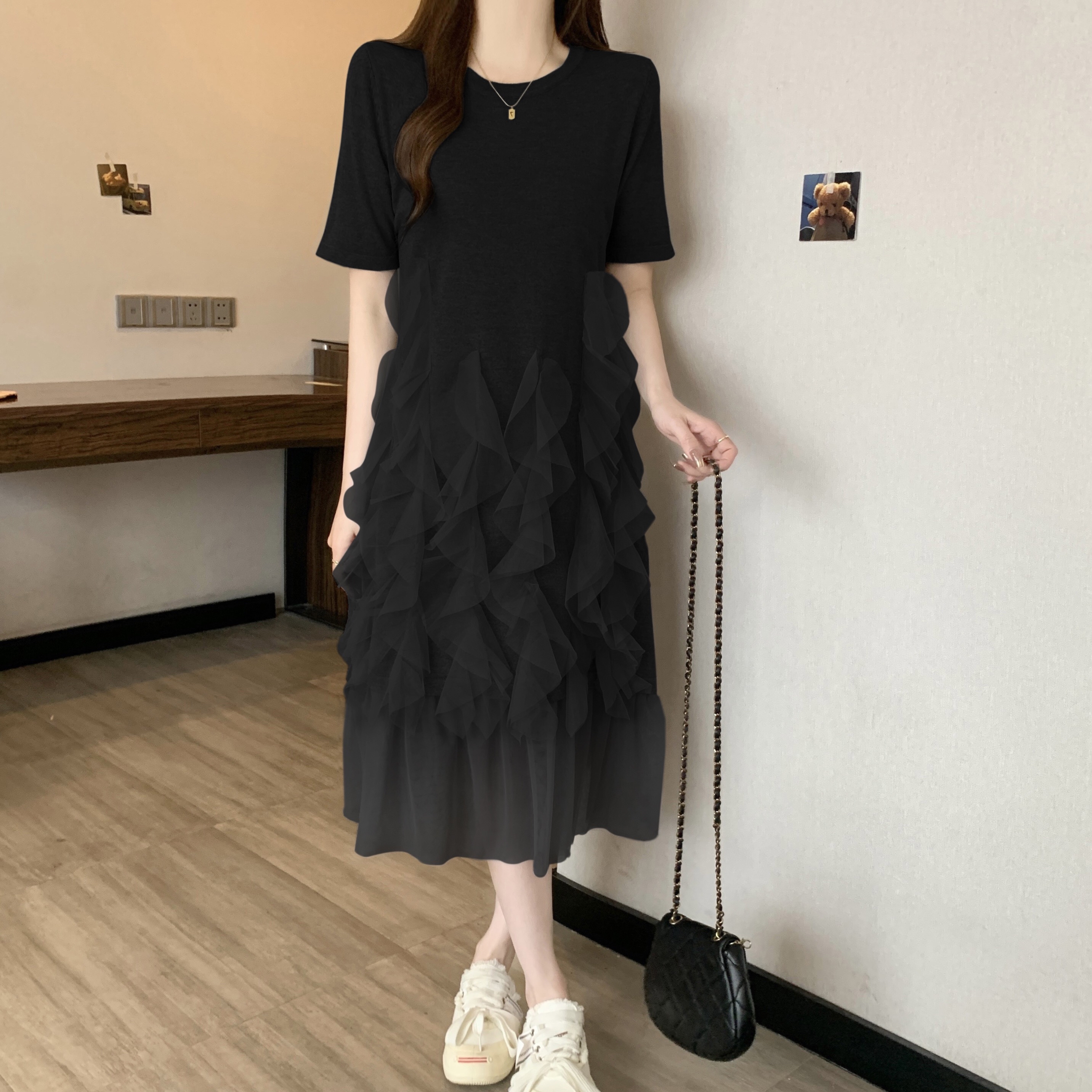 B190(6462) 韩版纯色圆领短袖拼接下摆不规则雪纺纱下摆黑灰针织连身裙