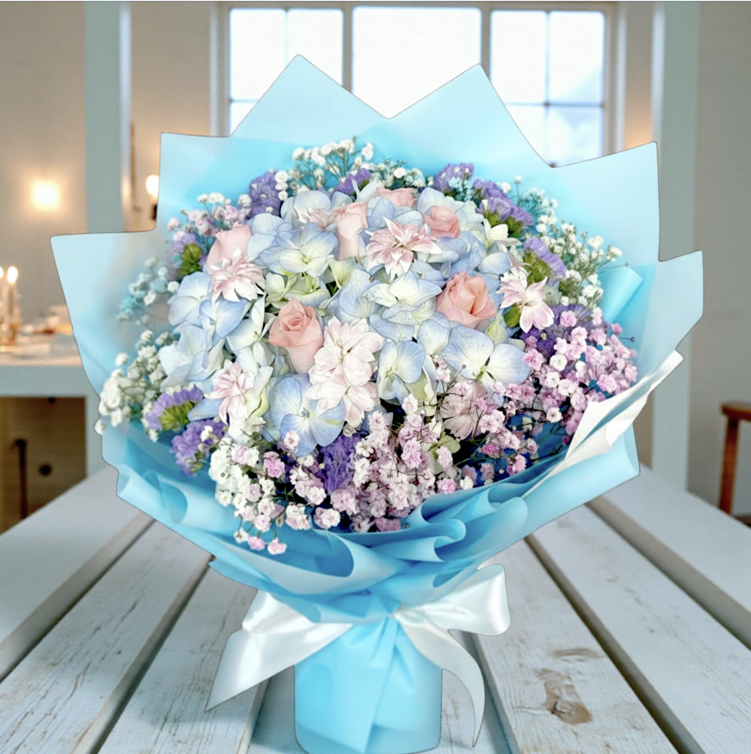 👉🏻鮮👈🏻Full of Love 系列｜愛圓滿系列｜淺藍繡球花束丨粉玫瑰6支丨情人節花束丨生日花束丨將軍澳花店丨觀塘花店丨節日花束丨母親節花束丨annual dinner花束丨活動花束丨保險花束丨榮休花束丨生日花束丨活動花束