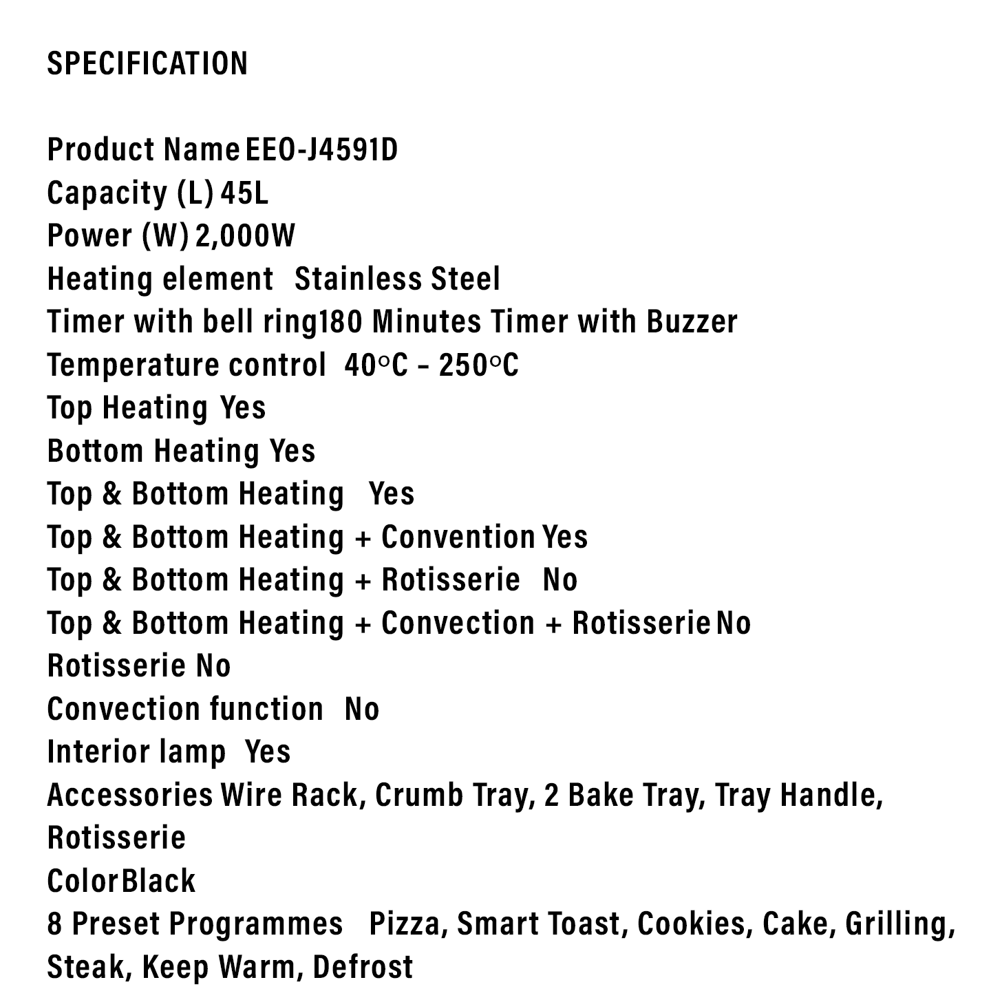 Elba 45L Digital Electric Oven (EEO-J4591D-BK)