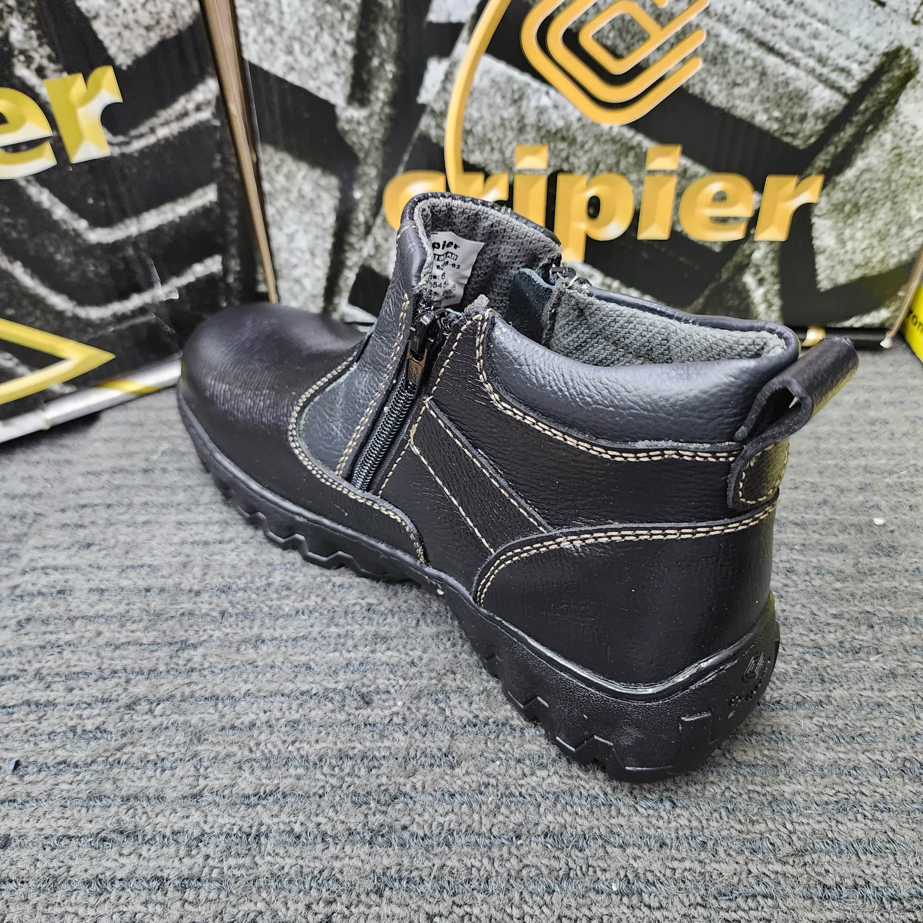 CRIPIER 6066 SAFETY SHOES DOUBLE ZIP MID CUT SIRIM DOSH Black Rubber Leather Kasut Keselamatan
