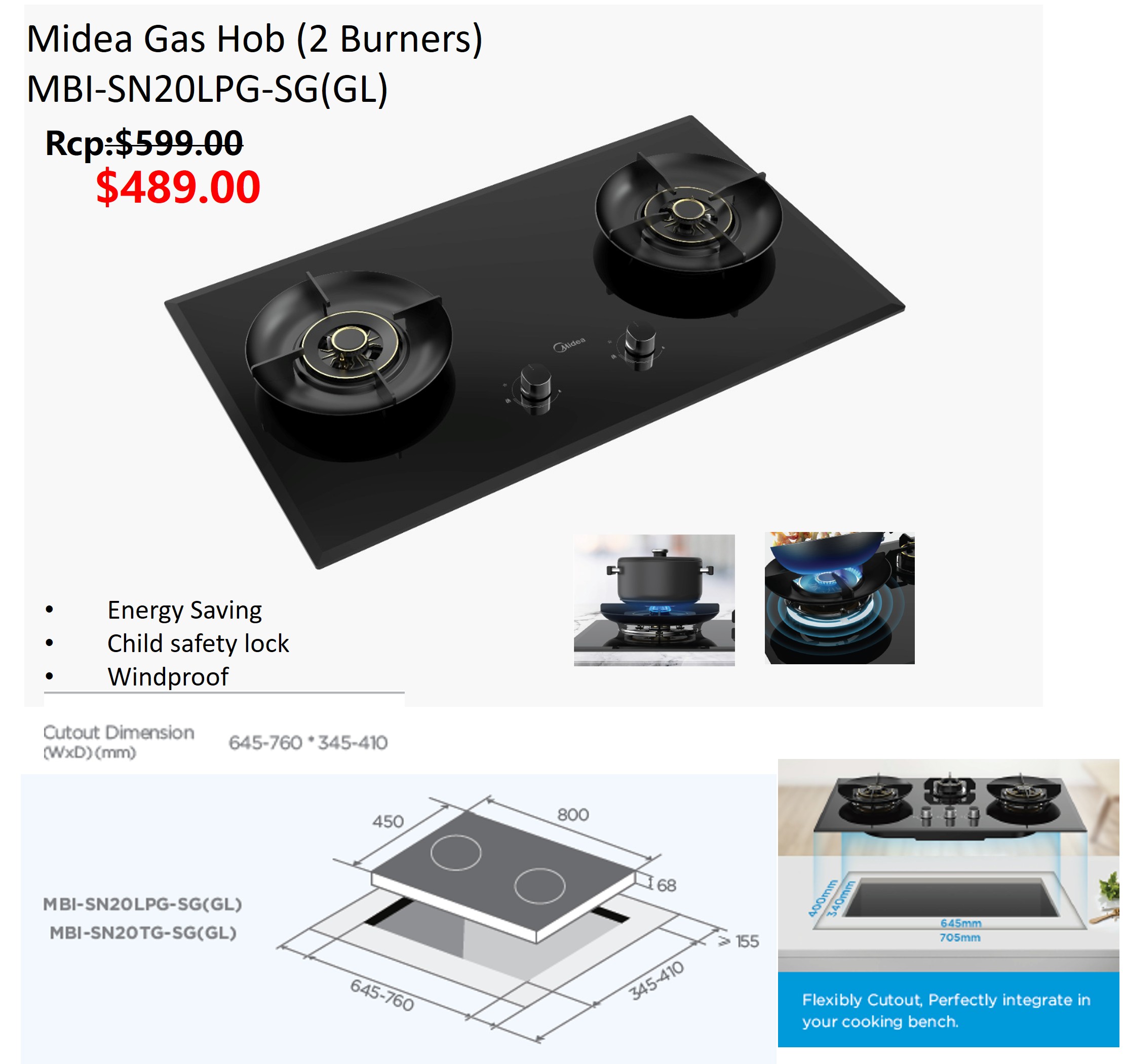 Midea Gas Hob (2 Burners) MBI-SN20TG-SG(GL)