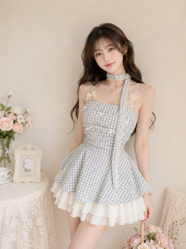A031149 Sweet Bow Gingham Tiered Mini Dress