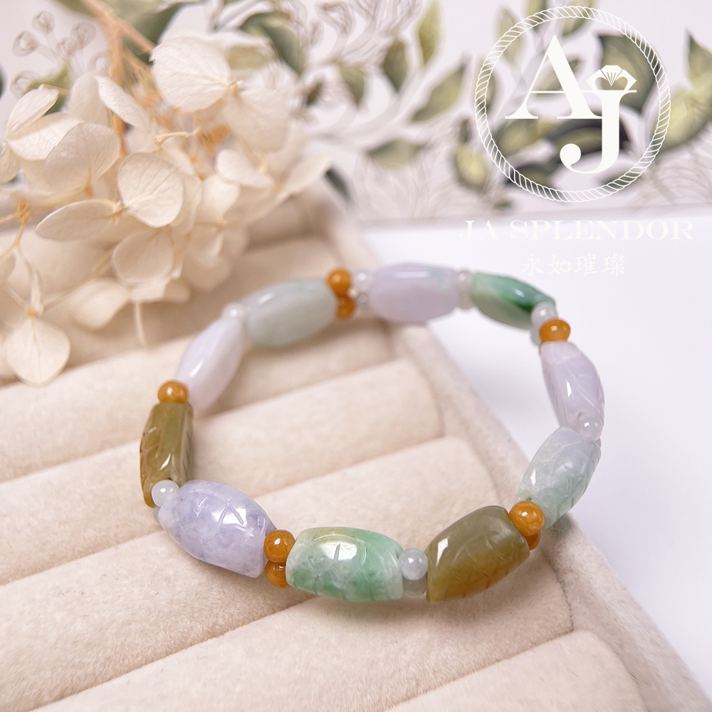 OF-06-I 天然翡翠A玉 - 冰潤三彩長壽吉祥龜貝手串(特價處理不設退換)