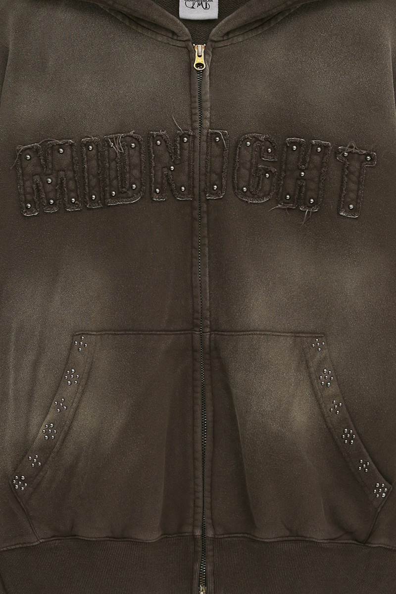 MIDNIGHT MOVE -  水洗水鑽標語雙頭拉鍊連帽外套 (Washed Brown)