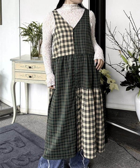 混搭格紋無袖連身裙 - 2026 流行穿搭  女士連身裙 春夏時尚穿搭 成人休閒 日常穿搭 易於配搭 日本直送   #JP-I-260019