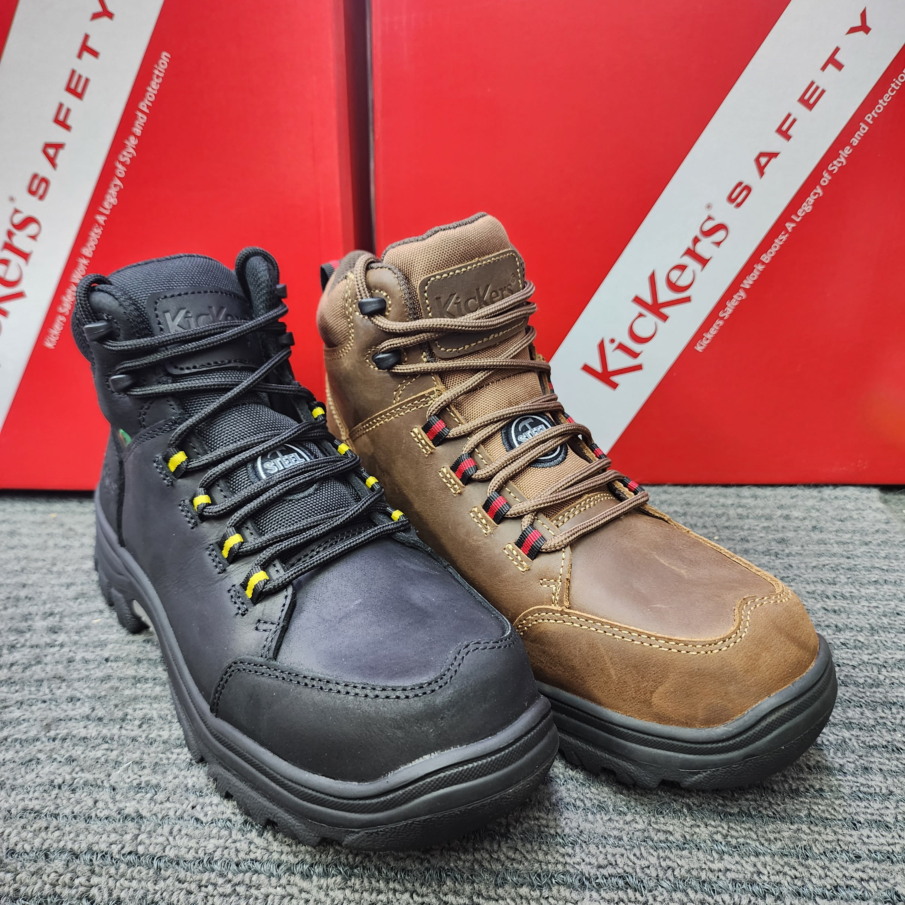 (FREE KICKER'S MINK OIL) KicKers Safety Shoes 1998 Black Brown Mid Cut Lace up Rubber sole Heavy Duty
