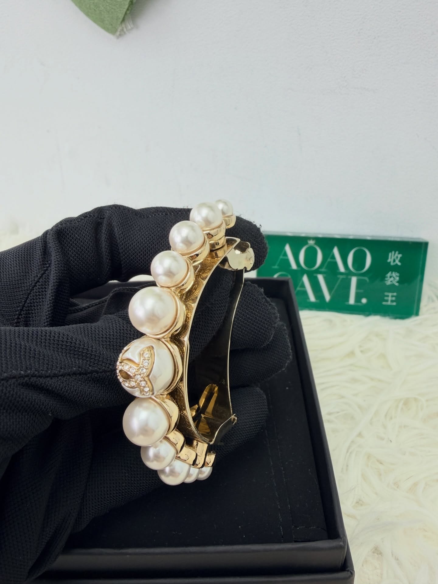 Chanel🤍PRE OWNED 珍珠水鑽半圓弧 淑女氣質彈簧髮夾🖤