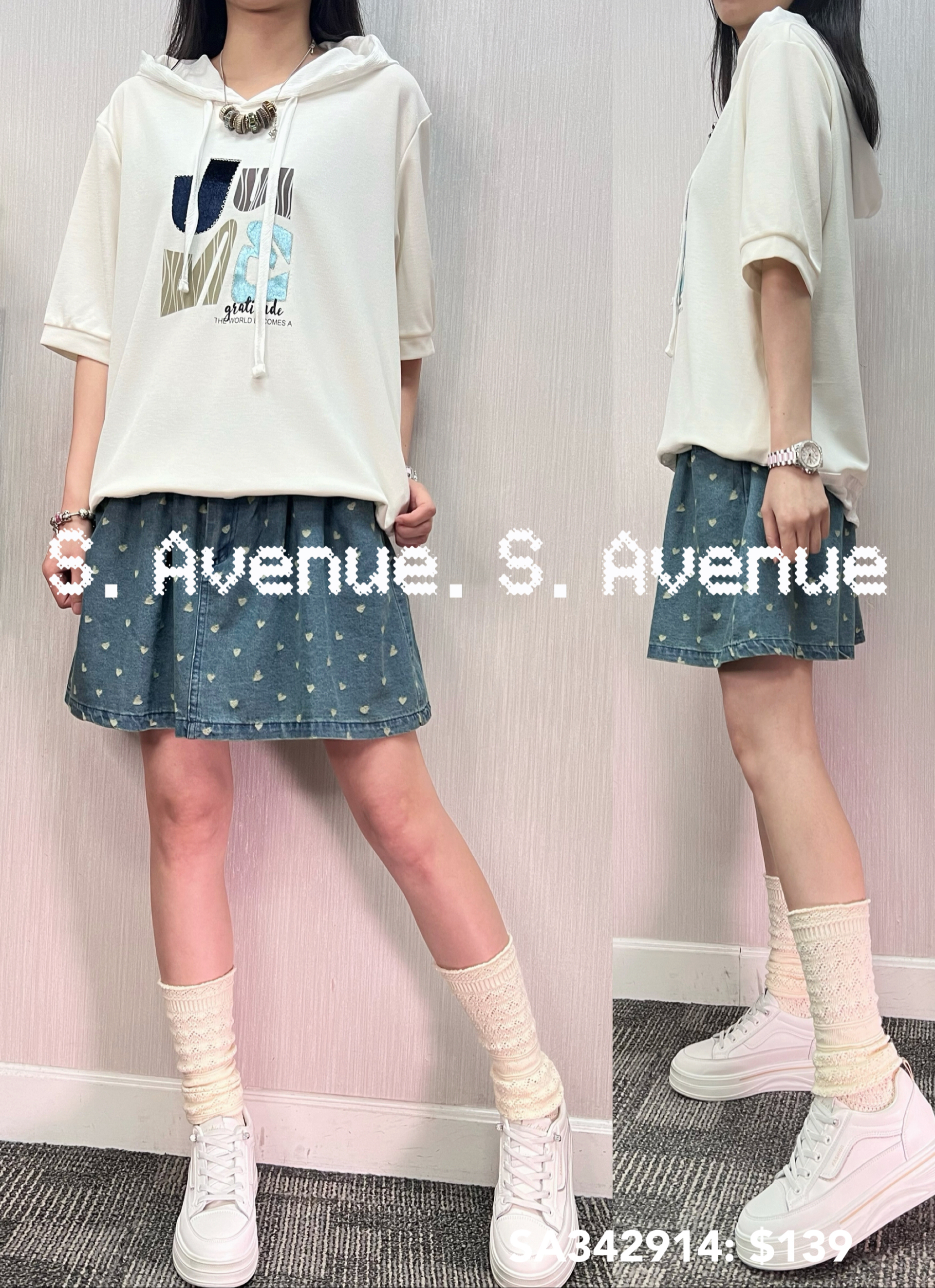 SA342914: 短袖英文字有帽束腳tee