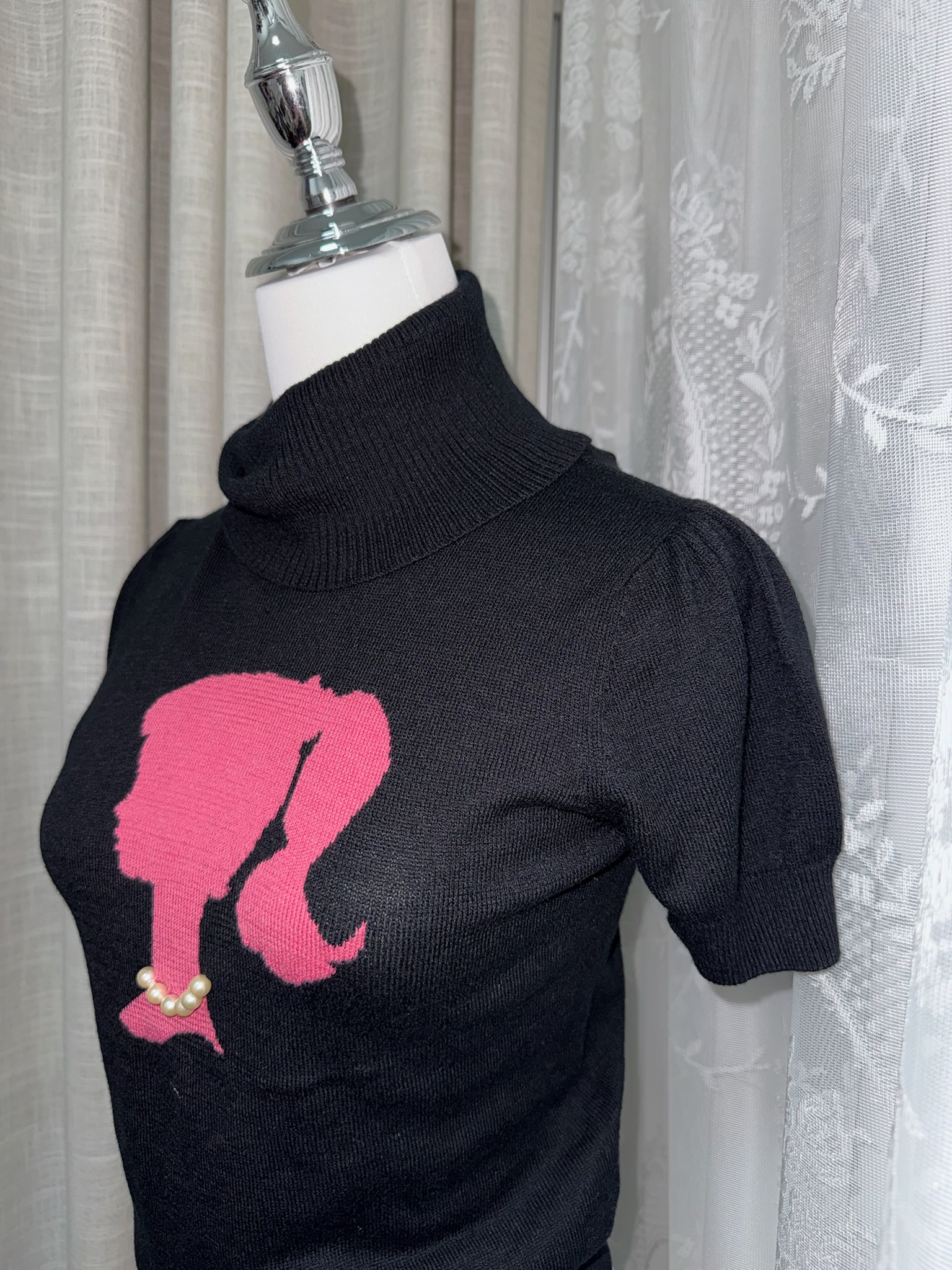 2008sOfficial Barbie 3D Pearl High-Neck Knitted Short-Sleeve Top