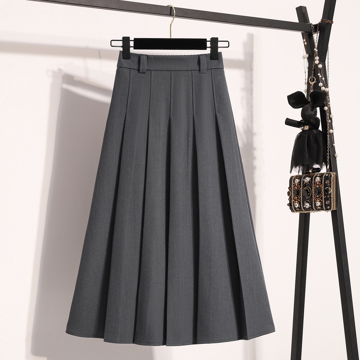 B151(7369) 韩版气质高腰显瘦下摆百褶西装A字3色长裙