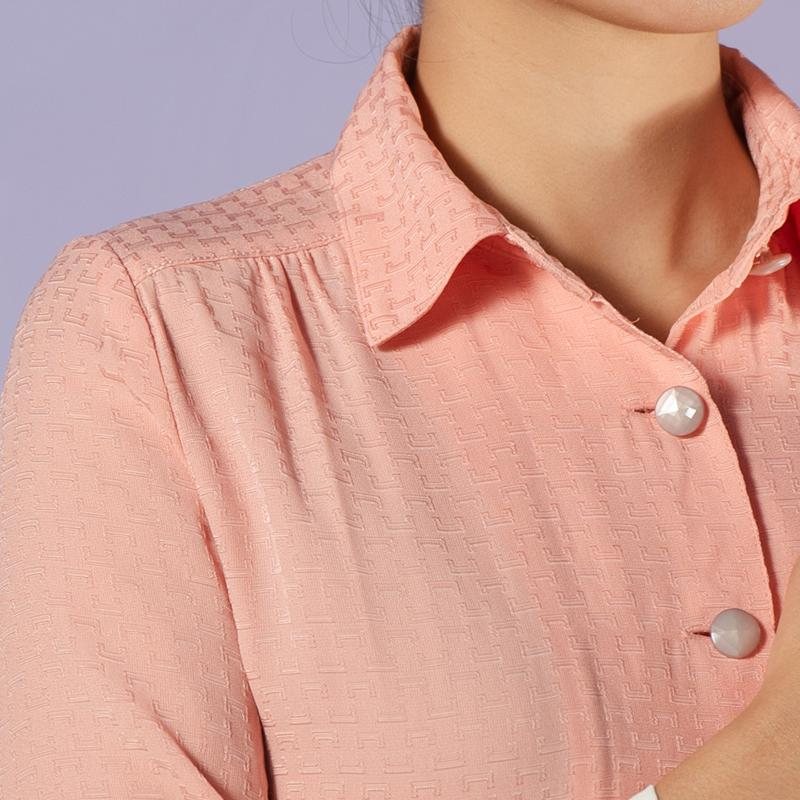 Vintage C.a. 1970-80s U Pattern Salmon Pink Shirtdress with White Cuff Day Dress(MT1608-132)