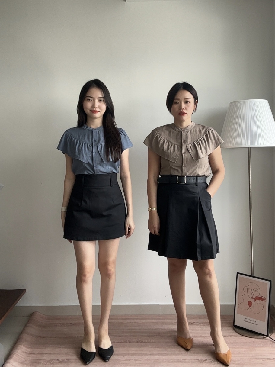 T4264 Peter Pan Sleeve Shirt - Blue & Brown
