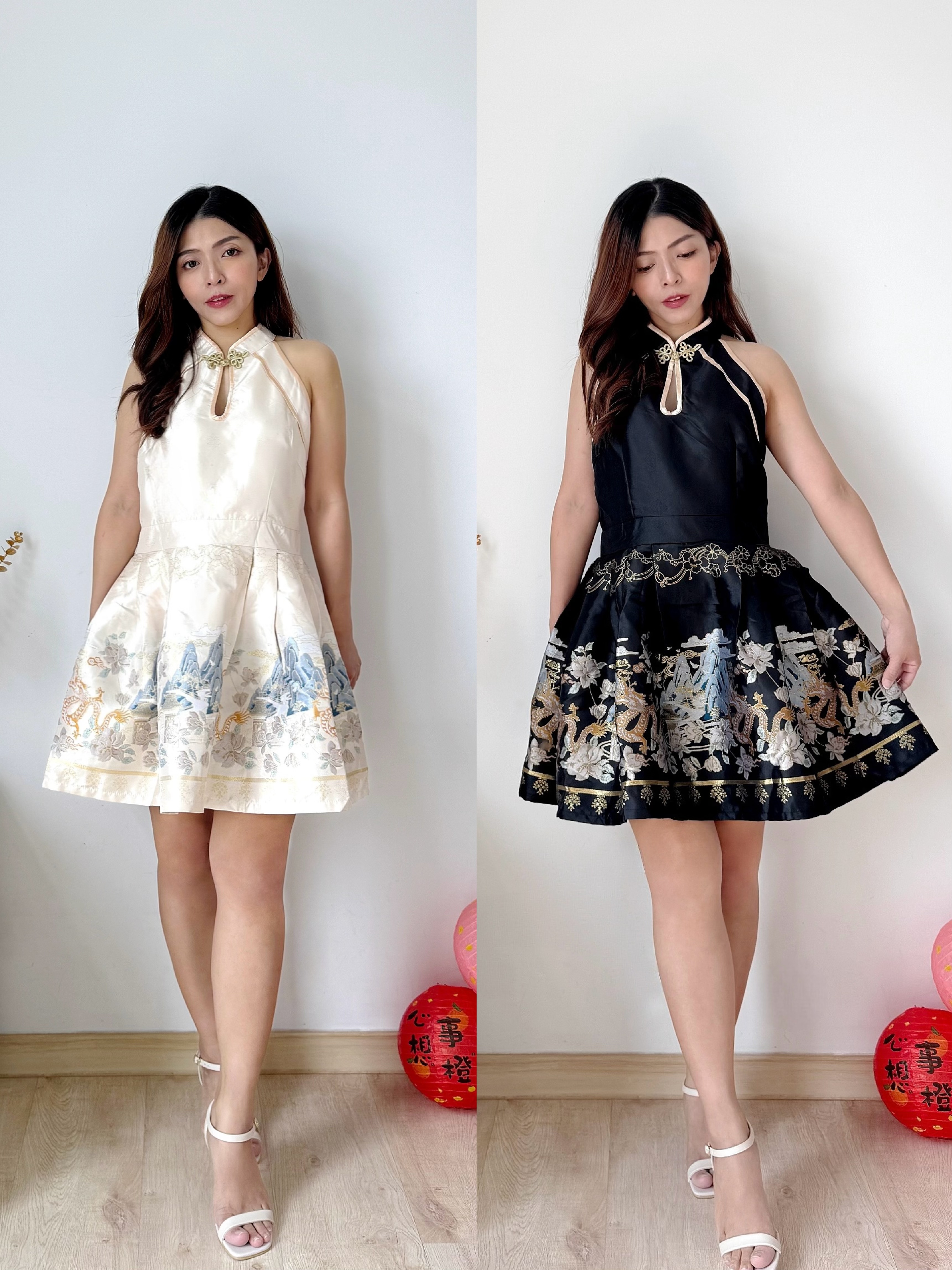 福利款原价RM109【Golden Phoenix Dress 锦绣烟雨 】新中式重工刺绣挂脖连衣裙（2 colours）Premium Quality