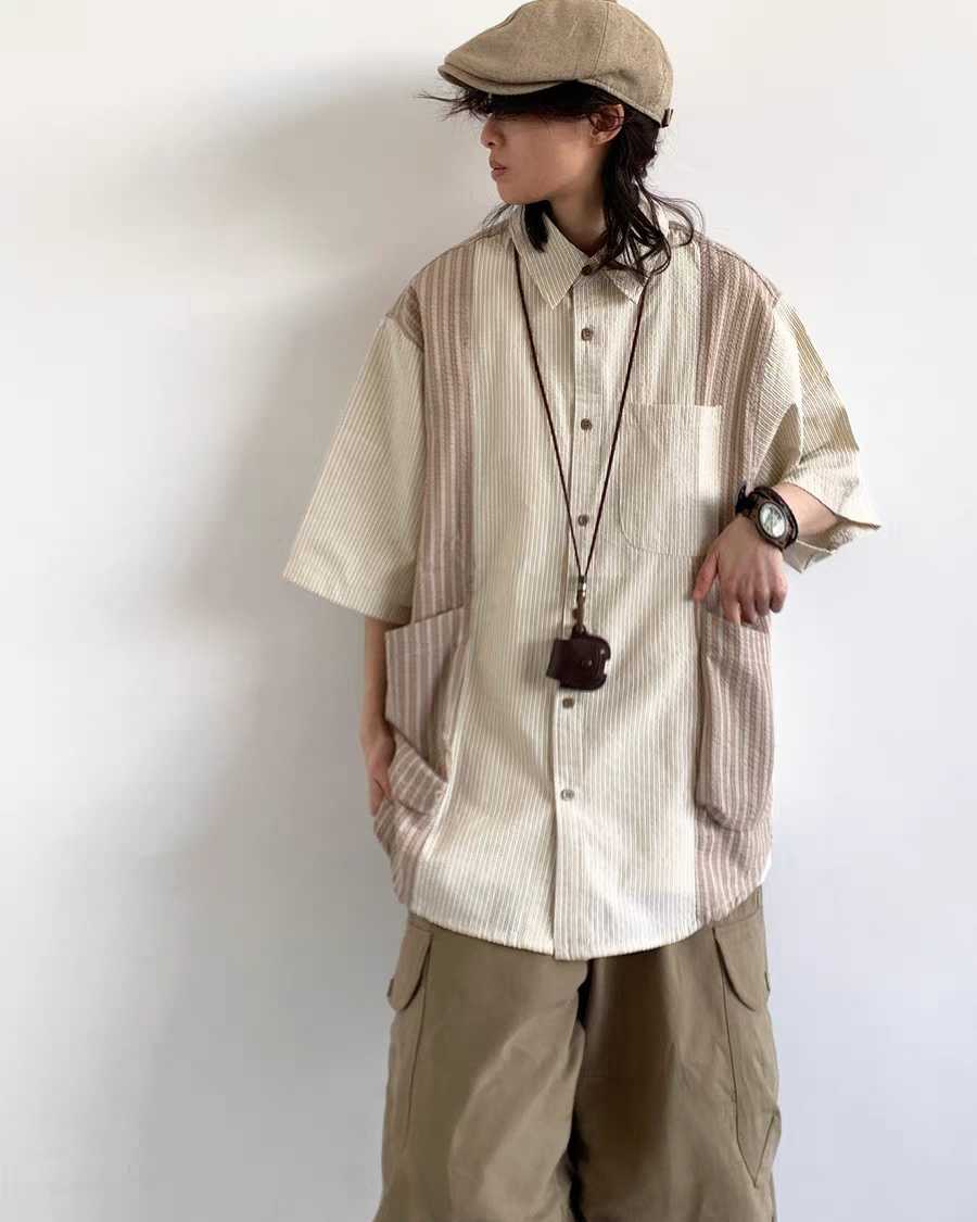 W03拼接條紋短袖恤衫