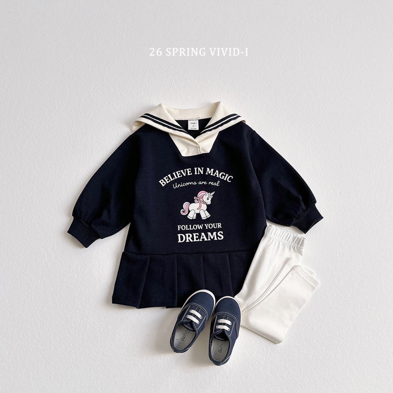 🌸預訂 韓國直送🌸🇰🇷VIVIDI四色水手領獨角獸印花長袖百摺連身裙