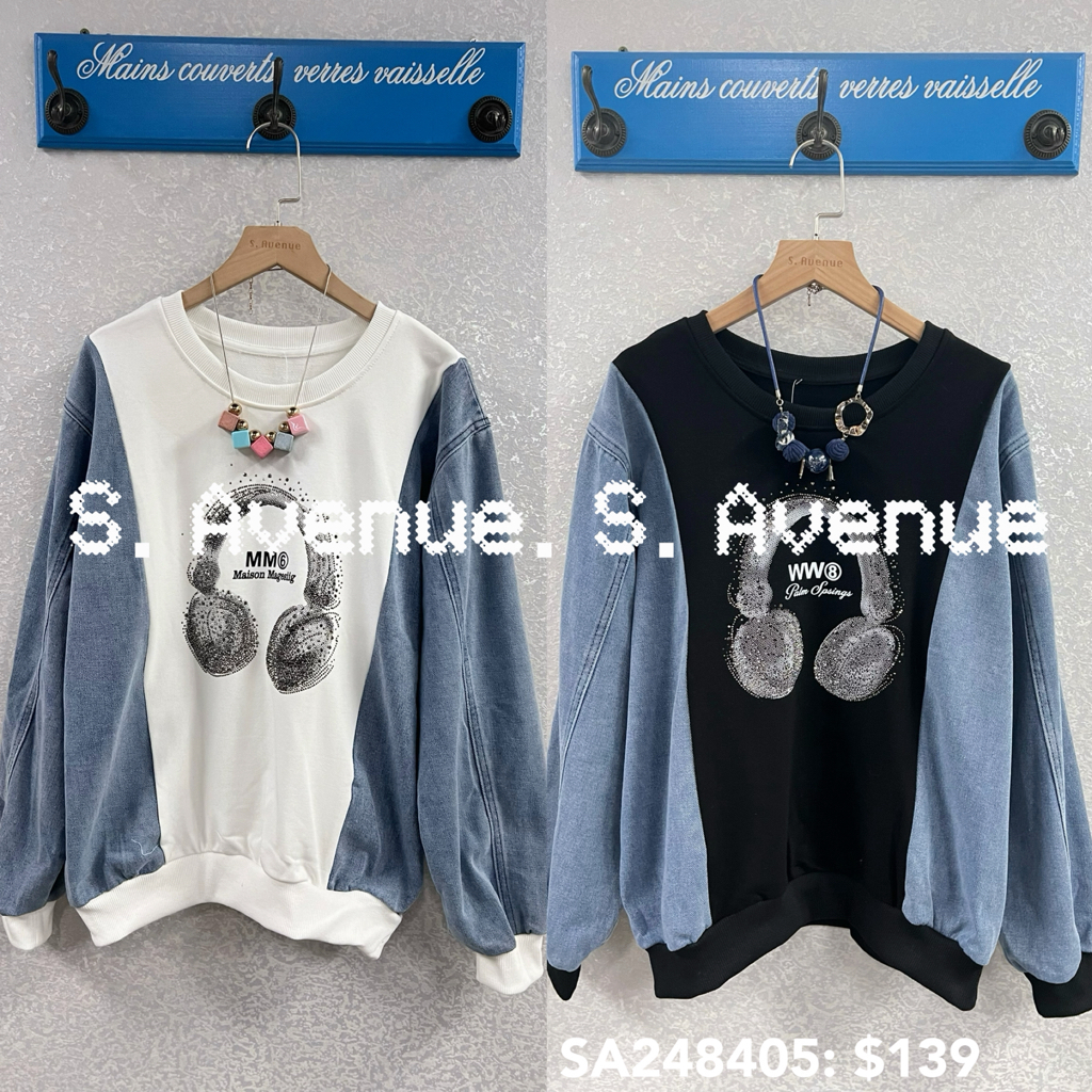 SA248405: 長袖牛仔袖印headphone圖案tee