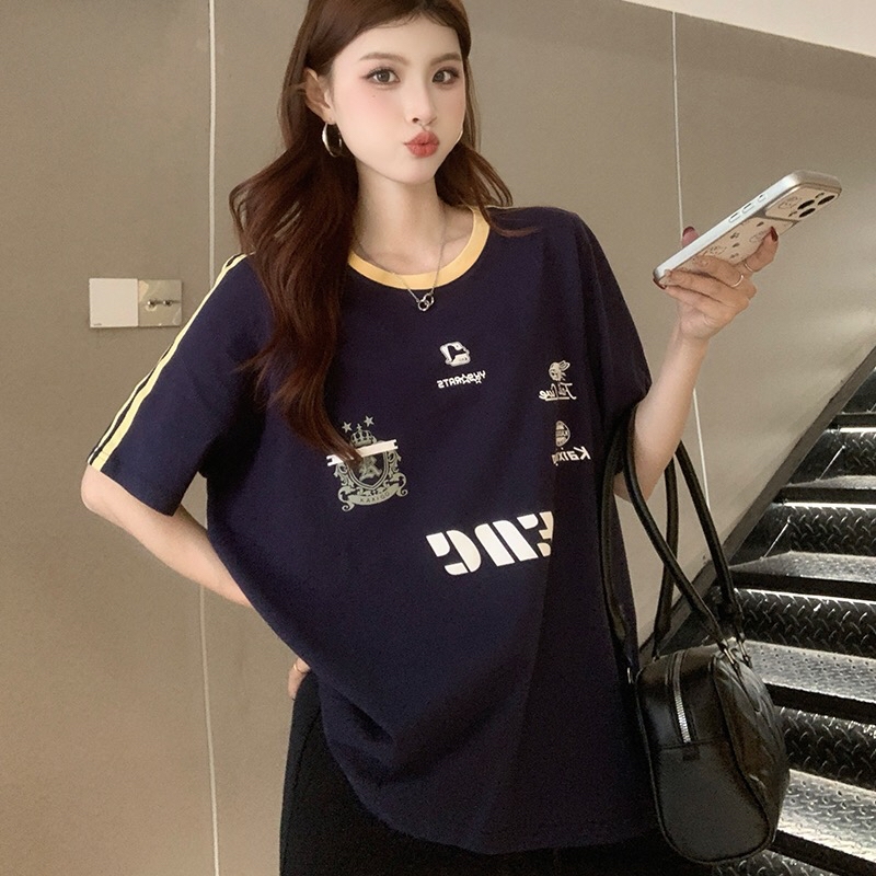 B269(00291) 美式复古机车风撞色圆领边蓝上衣 