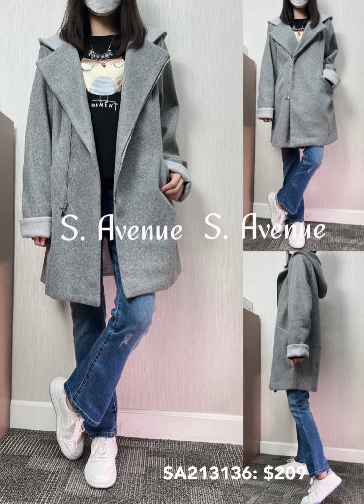 SA213136: 長袖大反領有帽撞色長絨褸