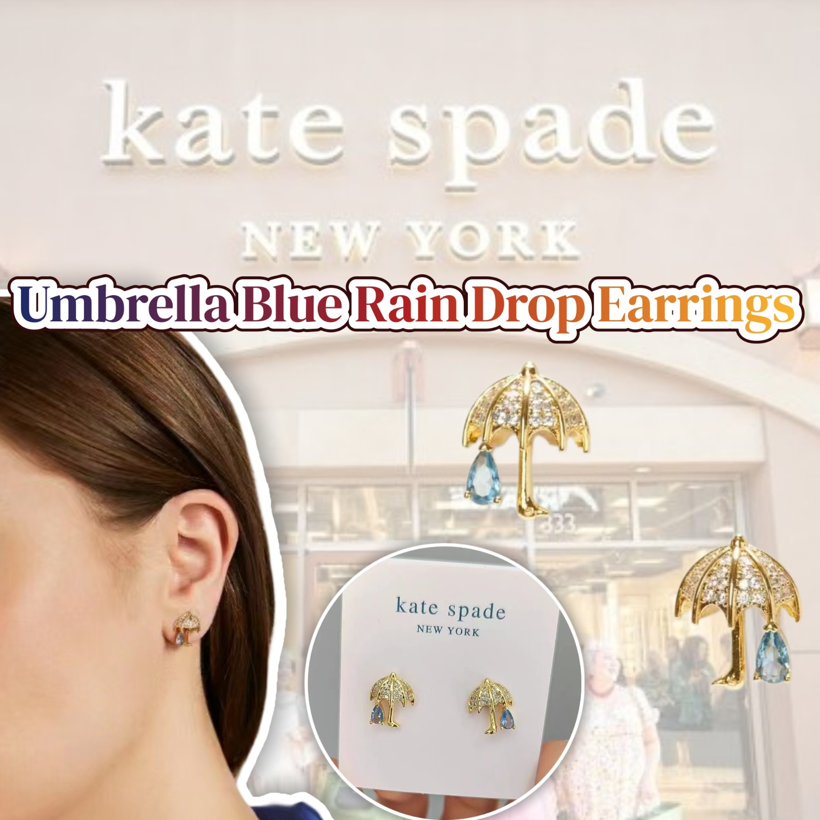  0803💯Kate Spade Umbrella Blue Rain Drop Earrings  雨傘🌂鑲鑽耳環 9月中
