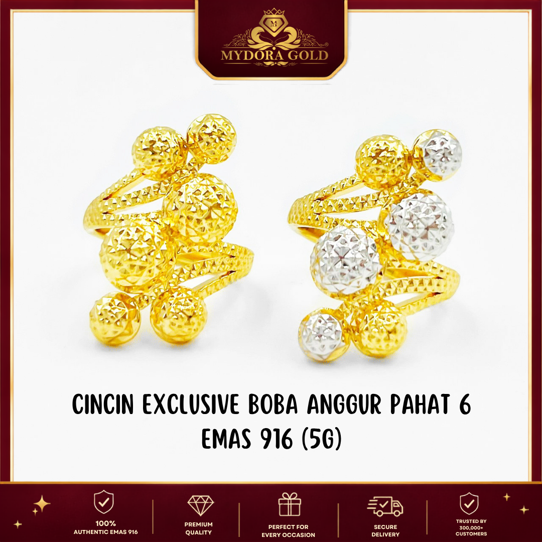 MYDORA Cincin Exclusive Boba Anggur Pahat 6 (5G) l EMAS 916/22K