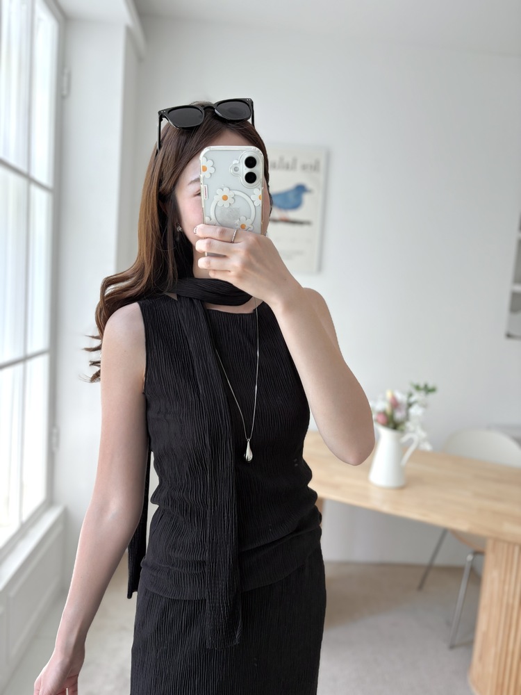 Summer Pleated Scarf Set (Black)