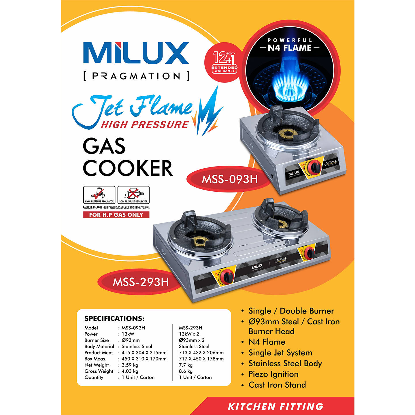 Milux 2-Burner High Pressure Gas Stove (MSS-293H)