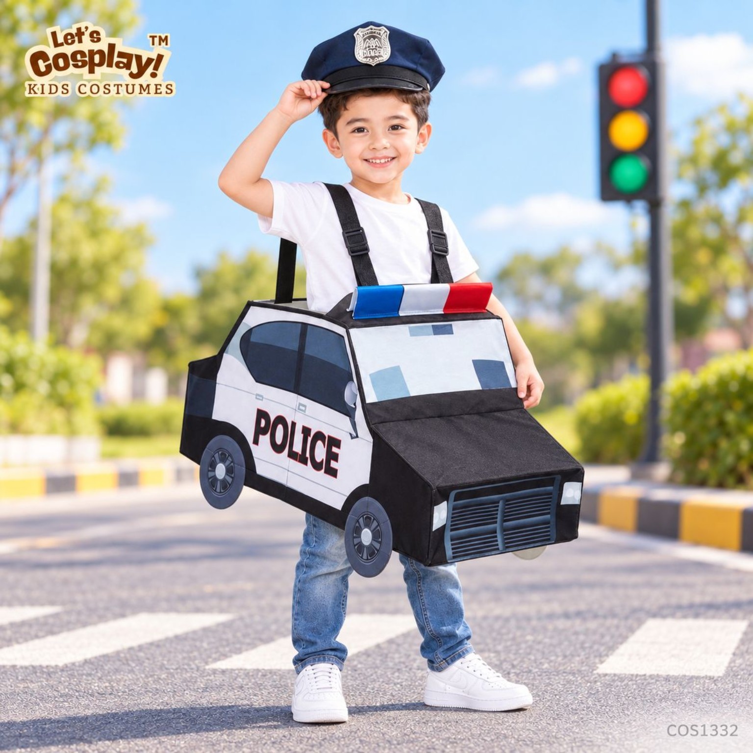 兒童黑白警車POLICE立體吊帶車連警帽角色扮演服裝套裝 香港現貨 Lets Cosplay COS1332